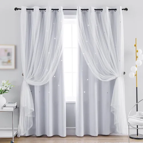 Vista 21 de Anytime - Cortinas para dormitorio de niñas con estrella hueca, cortinas opacas para habitación de niños, cortinas largas para oscurecer