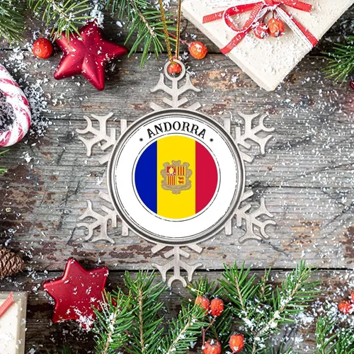 Vista 7 de Adornos de bandera de Andorra para árbol de Navidad, bandera nacional, silueta de Andorra, decoraciones de árbol de Navidad, copo de nieve, metal