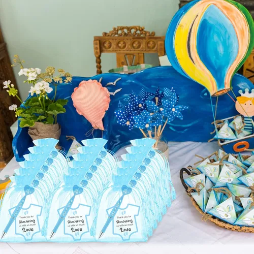Vista 7 de Harloon Juego de 50 bolígrafos de baby shower, recuerdos para invitados, bolígrafos It's a Boy, regalos de fiesta de baby shower, tarjetas azules