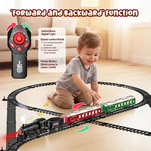 Vista 3 de Hot Bee Juego de Tren, Juguetes de Tren con Control Remoto y Pista de Lujo y Vagoneta Iluminada, Tren de Navidad de Metal para Árbol de Navidad