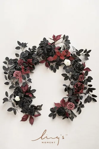 Vista 5 de Ling's Moment Guirnalda de Flores Artificiales Negra Burdeos de 5 Pies, Hojas de Rosas Falsas, Guirnalda Floral, Flores de Arco, Enredadera