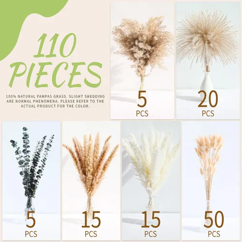 Vista 3 de 110 piezas de decoración de hierba seca de las pampas, pompas secas naturalmente, colas de conejo secas, flores secas con eucalipto seco, decoración