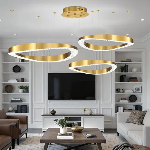 Vista 11 de Flashing God Lámpara de Araña Grande para Techo Alto, Lámpara de Araña de Cristal Moderna de 5 Anillos para Entrada, Accesorios de Iluminación