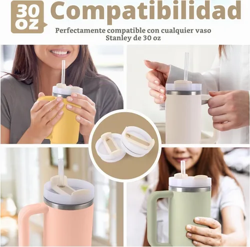 Vista 5 de Tapa de vaso de 30 onzas de repuesto para vaso Stanley Cup, paquete de 2 tapas de repuesto con 2 popotes para vaso de 30 onzas, tapas de vaso a