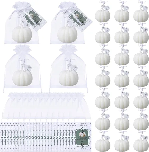 Vista 12 de Treela Juego de 24 velas de calabaza para otoño, baby shower, regalos de fiesta para invitados de calabaza, regalos de agradecimiento a granel