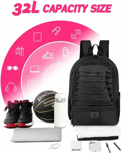 Vista 4 de Mochila de baloncesto para hombres y mujeres con compartimento para pelota y zapatos, capacidad de 30L, ligera y transpirable, mochila de fútbol
