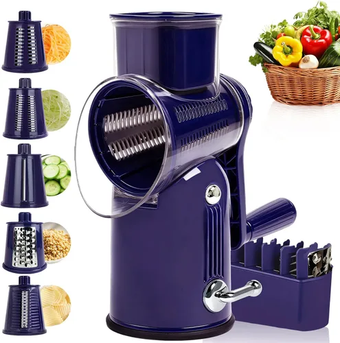 Vista 10 de Rallador rotativo de queso con asa, triturador de verduras con 5 cuchillas reemplazables y base de succión fuerte, rebanador redondo de alimentos