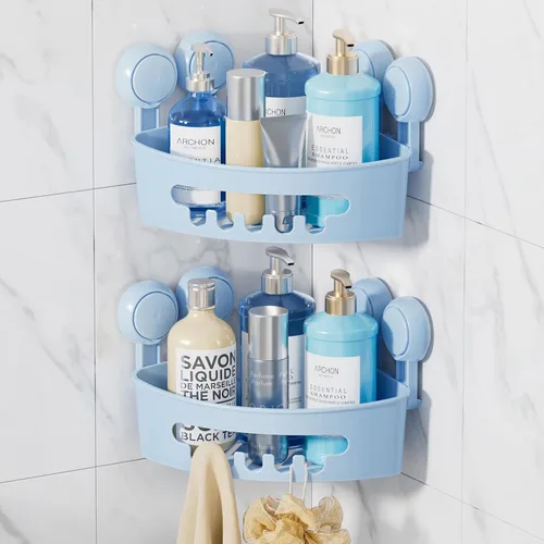 Vista 9 de LEVERLOC Organizador esquinero para ducha con ventosa, cesta de ducha potente con ventosa, organizador impermeable y resistente al óxido