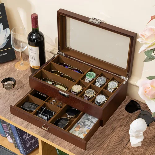 Vista 3 de ProCase Lacquered Finish Wooden Men's Jewelry Box Bundle with 18 Slots Sunglasses Organizer