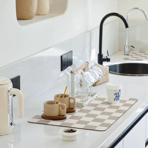 Vista 8 de Ohocut Tapete de secado de platos a cuadros para encimera de cocina, accesorios de estación de cafetería, estética, retro, moderna, absorbente