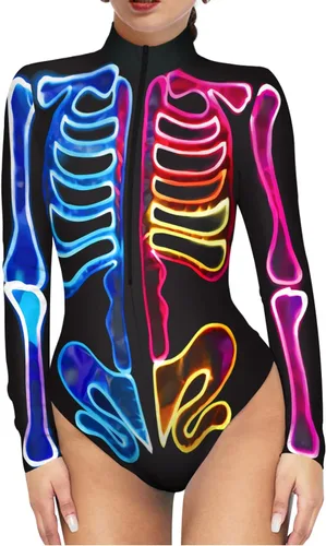 Vista 10 de Enterizo de esqueleto para mujer, con cremallera, traje sexy de una pieza para Halloween Esqueleto 3D