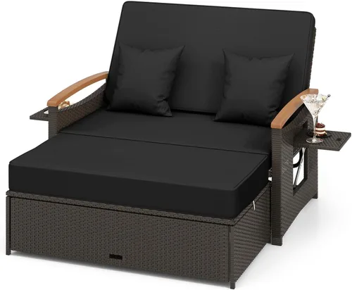 Vista 16 de LDAILY Moccha - Sofá de mimbre para exteriores, sofá biplaza de ratán para patio con respaldo ajustable de 4 niveles, paneles plegables, otomana