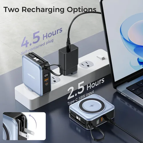 Vista 5 de 10000mAh Portable Charger Power Bank Built in Cables&Wall Plug Baby Blue