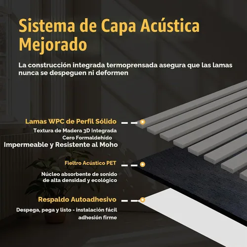 Vista 2 de Paneles de pared de listones de madera acústica para despegar y pegar, paneles insonorizados de grano de madera 3D de 23 x 23 pulgadas, paquete