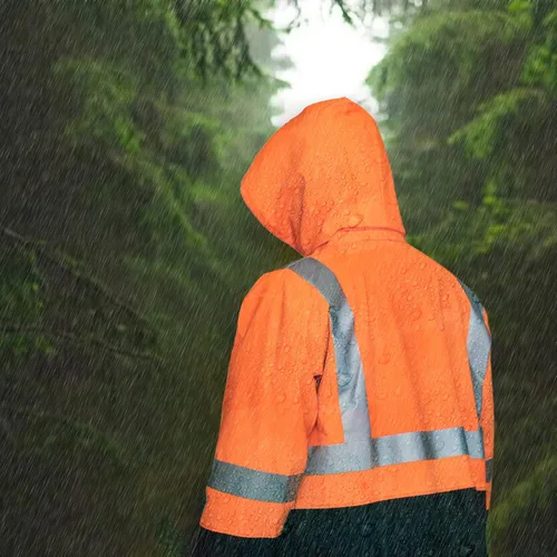 Vista 8 de HAOKAISEN Traje de lluvia para hombre, resistente al agua, alta visibilidad, reflectante, chaqueta de lluvia con pantalones de babero