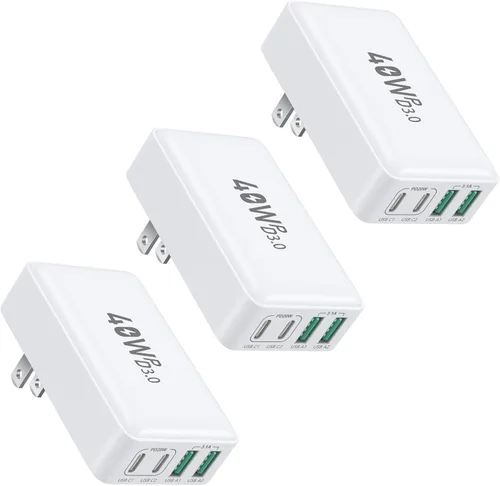 Vista 9 de Bloque de cargador plano USB C, enchufe de pared de carga rápida OKRAY 40W 4 puertos tipo C PD3.0&QC3.0 Multiport Charger Slim Travel Power
