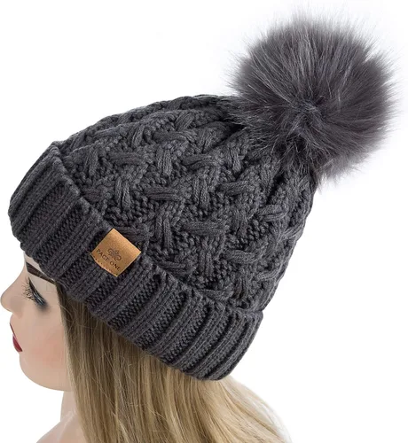 Vista 3 de PAGE ONE Womens Winter Ribbed Beanie Crossed Cap Chunky Cable Knit Pompom Soft Warm Hat