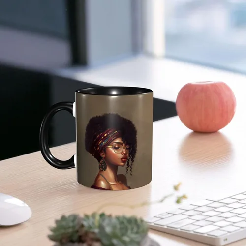 Vista 7 de Taza de café, taza de té para mujeres y niñas, taza de diseño único, perfecta para regalos, mujeres afroamericanas afro