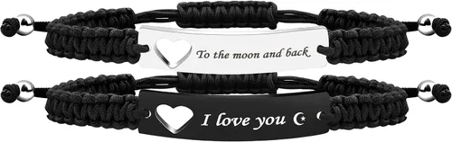 Vista 11 de Pulsera de pareja para hombres y mujeres, de acero inoxidable blanco y negro, grabada, joyería de amor para esposa, marido, 2 pulseras tejidas a