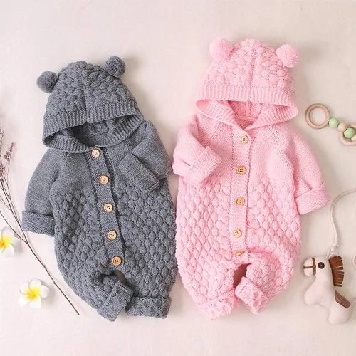 Vista 6 de Suéter de punto unisex con capucha y orejas de oso en 3D, de manga larga, ropa de dormir para el invierno