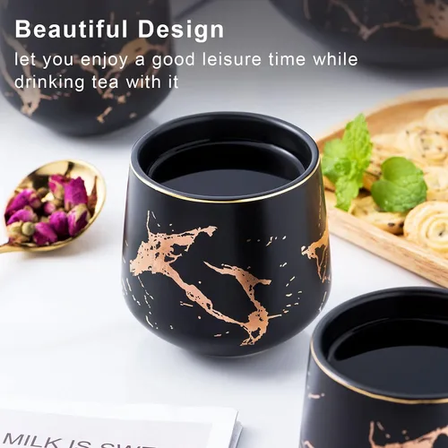 Vista 3 de ENJOHOS Juego de té de mármol negro para adultos con bandeja de madera, juego de tetera de cerámica (40 onzas) con 4 tazas de té de porcelana