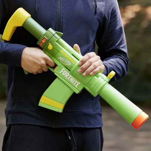 Vista 6 de Lanzador Nerf Fortnite SMG-Zesty, 10 dardos Nerf Elite, clip de 10 dardos, culata y cañón removibles, regalos de Fortnite para niños y niñas