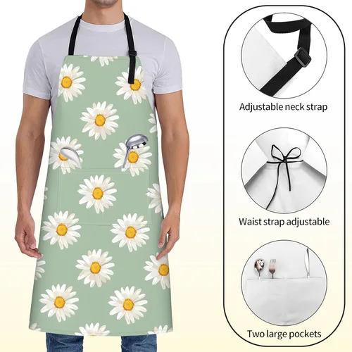 Vista 2 de Delantal floral de margaritas blancas para mujer, 28 x 33 pulgadas, delantales de cocina de primavera fresca con 2 bolsillos, tela Oxford, delantal