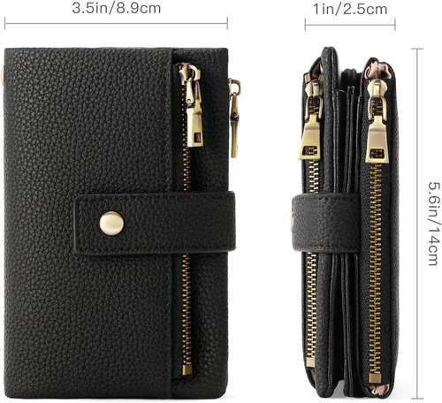 Vista 5 de SENDEFN Cartera pequeña para mujeres de cuero con bloqueo RFID, cartera de muñeca, tarjetero con doble cremallera, monedero, cartera bifold