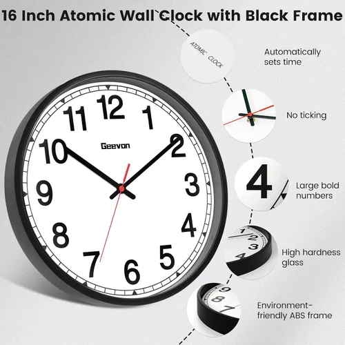 Vista 2 de Geevon Reloj de pared atómico de 16 pulgadas, reloj analógico autoajustable con sincronización automática de tiempo, funciona