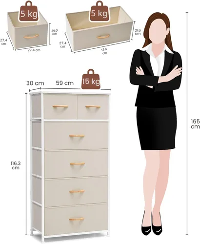 Vista 3 de Crestlive Products Cómoda para dormitorio, torre de almacenamiento alta y delgada, marco de acero resistente, parte superior de madera, cubos