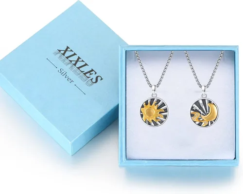 Vista 7 de XIXLES Yin Yang - Collar de plata de ley 925 con luna y sol a juego para parejas, para 2 amistades, mejores amigos, parejas, familiares