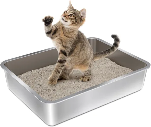 Vista 10 de Caja de arena de acero inoxidable con tapa, caja de arena de metal para gatitos, cajas de arena de entrada baja con pala y alfombra, caja de arena