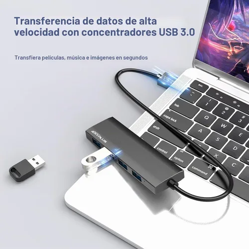 Vista 4 de Concentrador USB, concentrador USB 3.0 de aleación de aluminio ultra delgado divisor USB, extensor USB portátil de 4 puertos, concentrador USB
