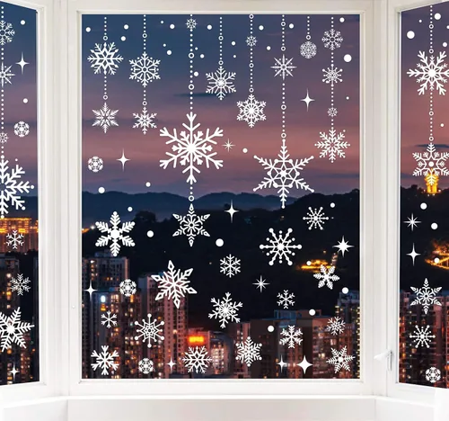 Vista 2 de AnyDesign Calcomanías de ventana de invierno con copos de nieve blancos, 215 unidades, calcomanías de ventana de doble cara para Navidad, invierno