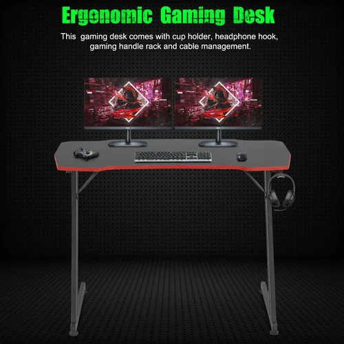 Vista 4 de Escritorio para juegos de computadora de 39.2 pulgadas, mesa de estudio con patas ajustables, moderna mesa de juegos con gancho para auriculares