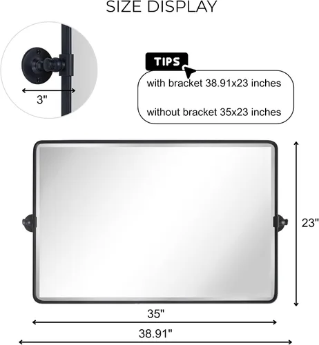 Vista 7 de TEHOME Espejo de baño con pivote horizontal, inclinable, marco de metal negro, rectangular, redondeado, rectangular, inclinable, biselado