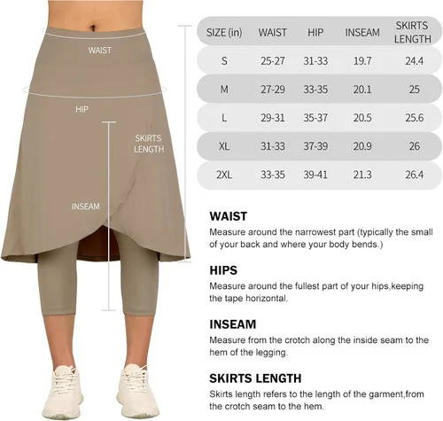 Vista 6 de ANIVIVO Falda de 24 pulgadas hasta la rodilla para mujer con leggings capri, leggings largos deportivos casuales con falda con bolsillos