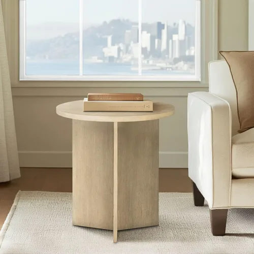 Vista 10 de Martha Stewart Sadie - Mesa de centro redonda – Parte superior de chapa Starburst, acabado de madera gris recuperada, acento moderno para sala
