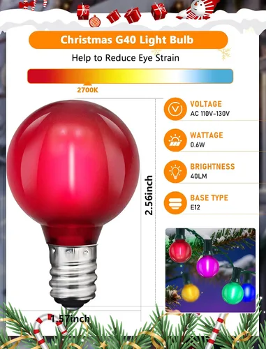Vista 2 de Paquete de 25 bombillas LED multicolor G40 de repuesto, base de candelabro E12/C7, bombillas LED globo Edison inastillables para cadena de luces