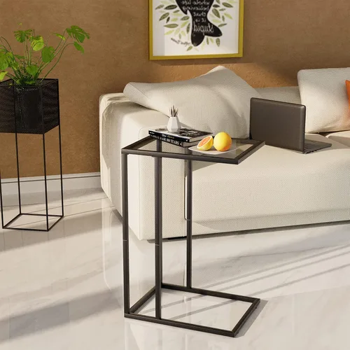 Vista 2 de Mesa auxiliar en forma de C, mesa auxiliar pequeña para sofá, mesa auxiliar de vidrio templado con marco de metal para espacios pequeños, sala