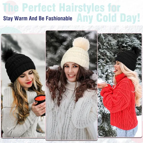 Vista 6 de Gorro Peluca Gorro de Lana con Cabello Extensiones Largas Onduladas Gorro de Punto con Pompón Adjunto de 20" Pieza de Cabello Sintética Removible