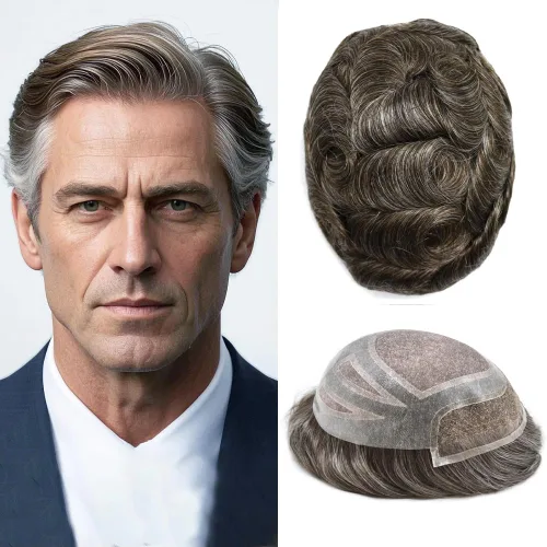 Vista 10 de Toupee - Piezas de pelo para hombres, cabello humano real, sistema de reemplazo de cabello francés, encaje francés, extensiones de cabello