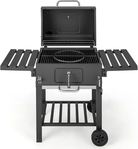 Vista 9 de Giantex Parrilla de carbón con estante lateral plegable, parrilla de barbacoa al aire libre con bandeja de carbón ajustable, termómetro, estantes