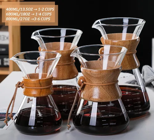 Vista 7 de Cafetera de goteo con filtro de goteo reutilizable de acero inoxidable, jarra de café de vidrio de borosilicato sin plomo con cuello de madera