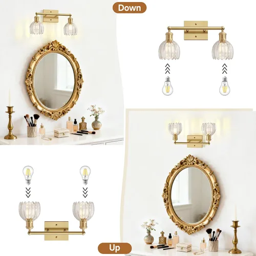 Vista 4 de Lámparas de baño vintage, 2 luces rústicas de tocador para baño, pasillo, luces de tocador de latón de 16.5 pulgadas, lámparas de tulipán
