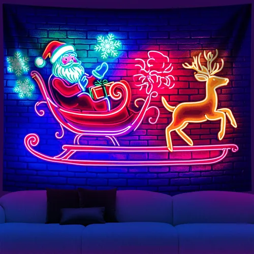 Vista 21 de NYZE - Tapiz de Navidad con Papá Noel, tapiz de luz negra que brilla en la oscuridad, colgante de pared, banner festivo, decoración para fiesta