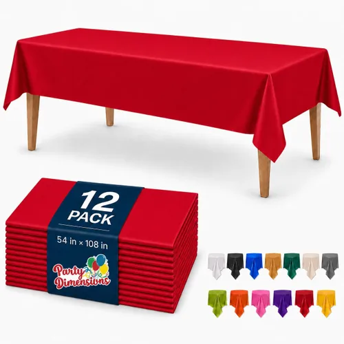 Vista 56 de Party Dimensions Mantel de plástico negro, paquete de 12 manteles rectangulares desechables de 54 x 108 pulgadas para mesas de 6 a 8 pies