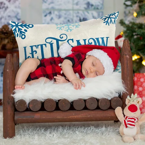 Vista 4 de 2 fundas de almohada navideñas de 20 x 12 pulgadas, fundas de almohada de lino con texto en inglés "Merry Christmas and Let It Snow", fundas