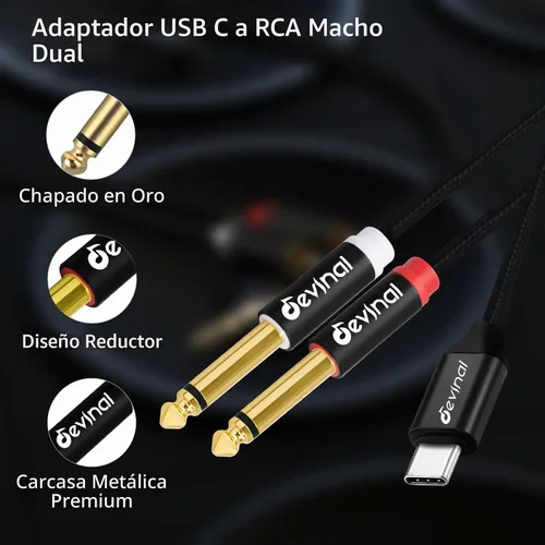 Vista 2 de Cable de audio USB C a 1/4 de pulgada, tipo C a doble cable auxiliar estéreo TRS de 0.250 in, divisor en Y para teléfono inteligente, tableta, 2