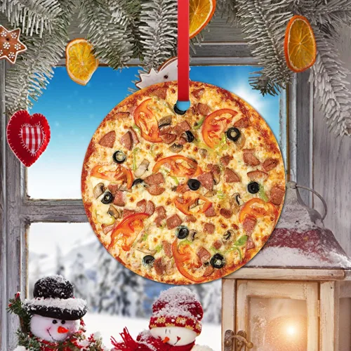 Vista 4 de Decoración de árbol de Navidad de pizza crujiente mixta adorno de Navidad Tomates Salami y Aceitunas Pizza Colgante Adorno de Navidad Adorno